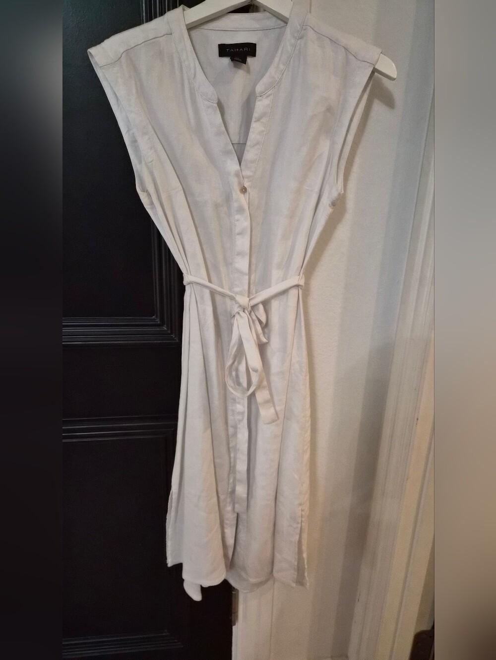 Tahari White Button Down Linen Tie-Waist Midi Shirt Dress - Size Small